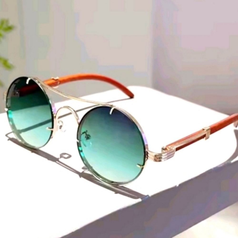 Green Gradient Silver Frame Round Sunglasses
